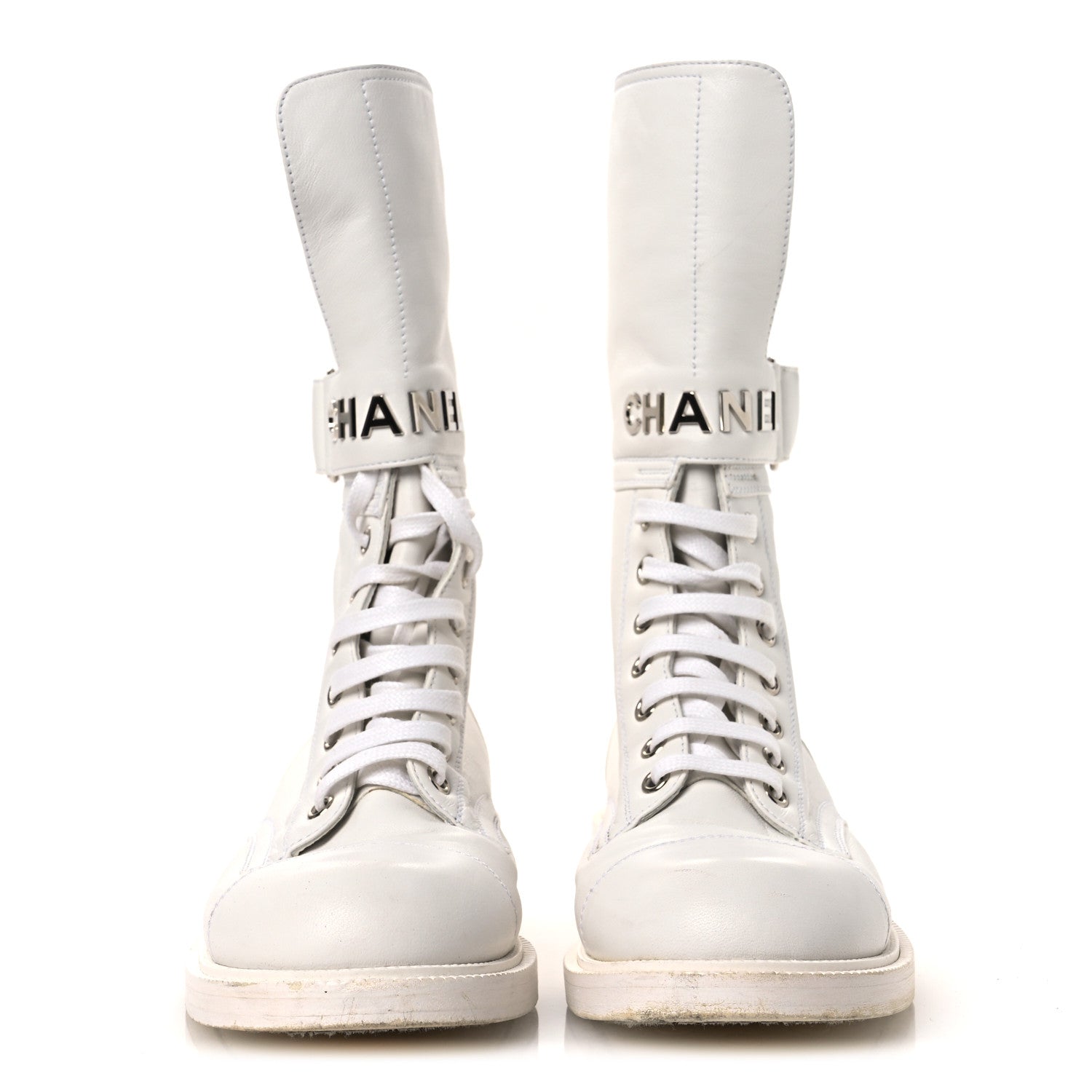 Chanel Calfskin Lace Up Logo Mid Calf Combat Boots 38.5 White Black 3 of 13