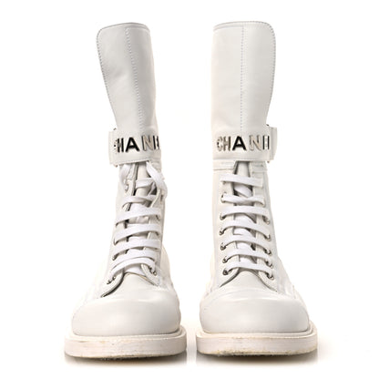 Chanel Calfskin Lace Up Logo Mid Calf Combat Boots 38.5 White Black 3 of 13