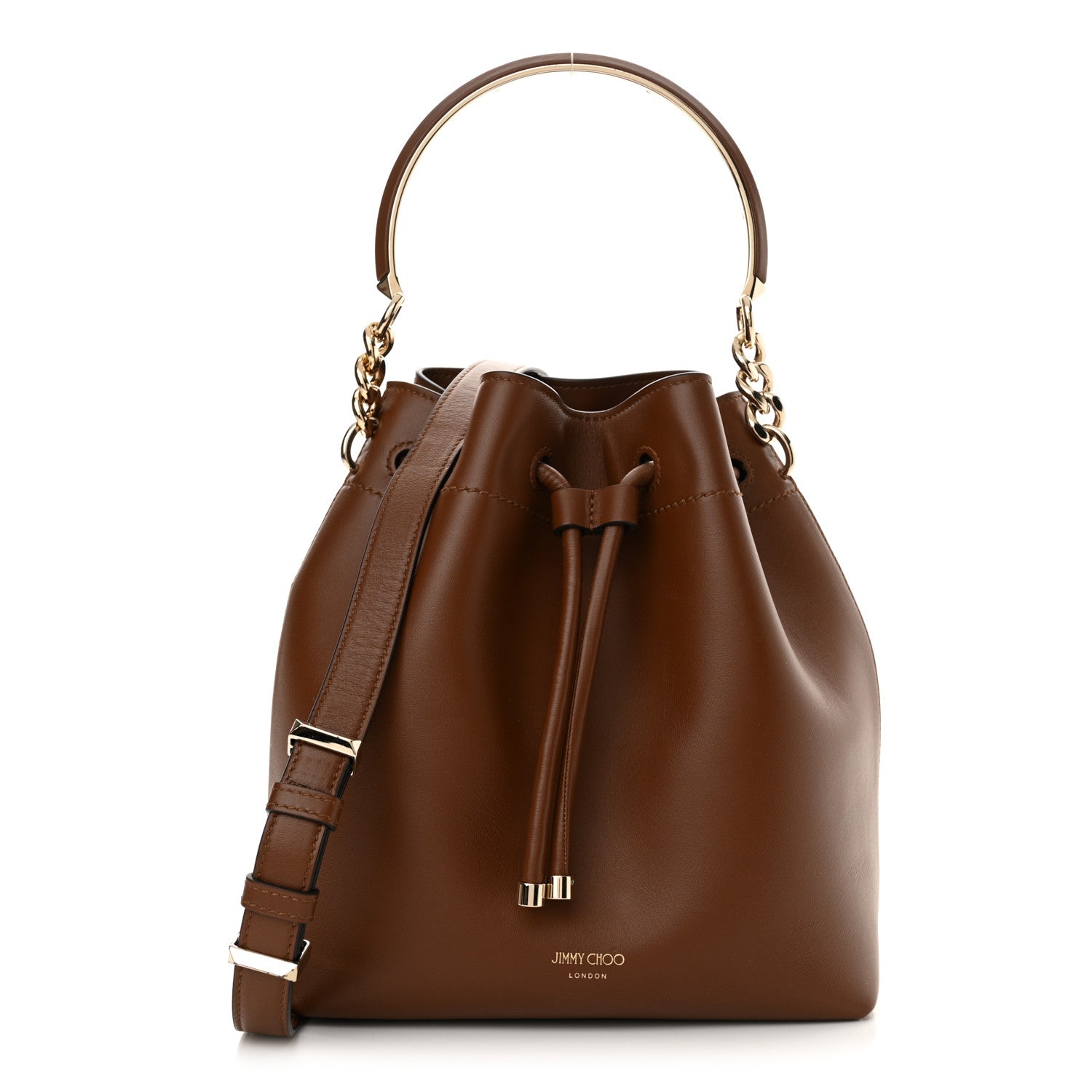 Jimmy Choo Smooth Shiny Calfskin Bon Bon Bucket Bag Dark Tan 1 of 11