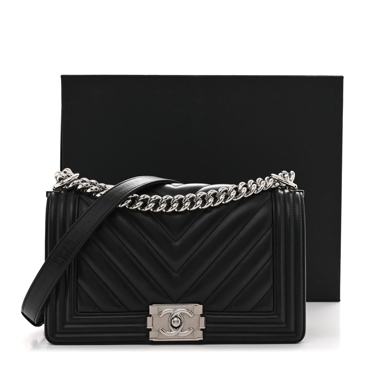 Lambskin Chevron Quilted Medium Boy Flap Black