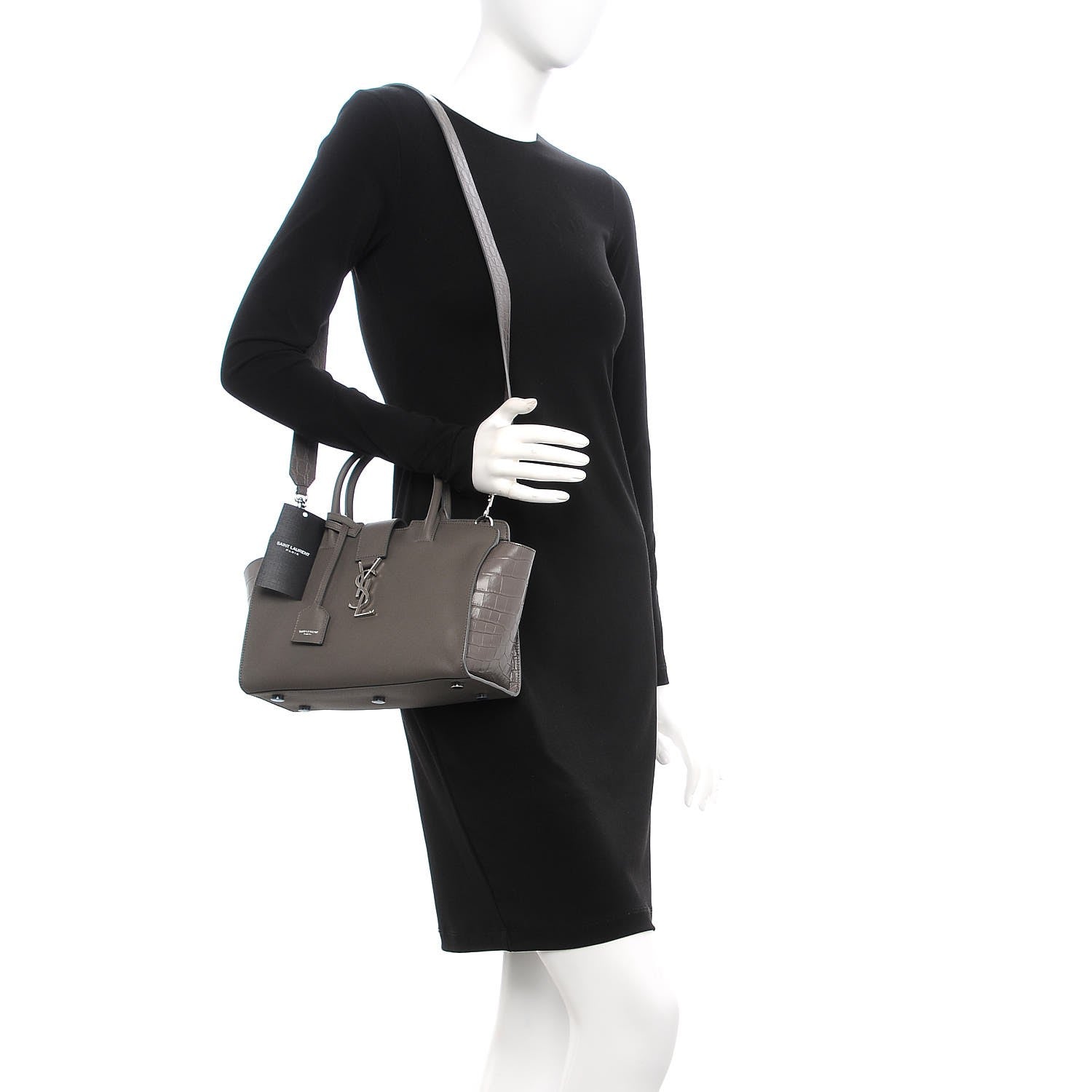 Saint Laurent Smooth Calfskin Crocodile Embossed Baby Monogram Downtown Cabas Earth 2 of 8