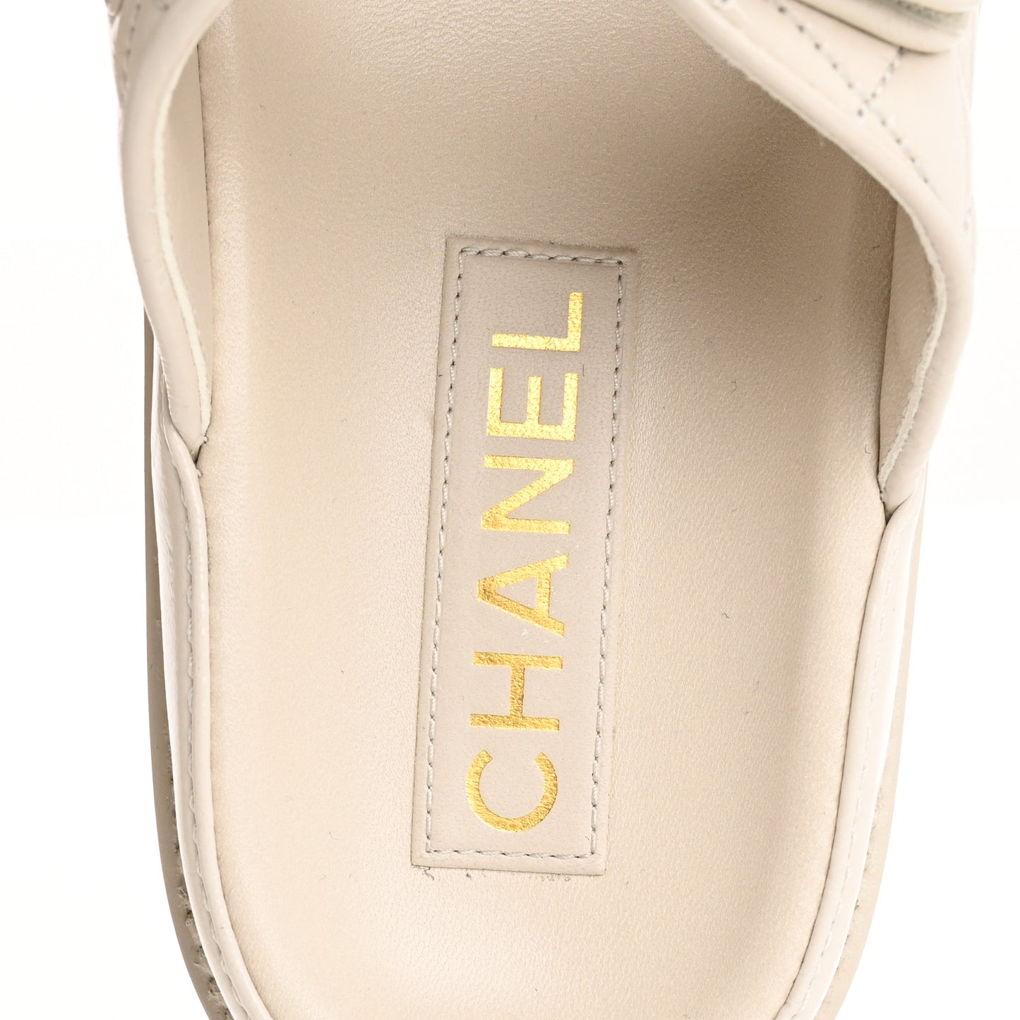 Shiny Calfskin Crystal Quilted Velcro Dad CC Slide Sandals 36.5 Light Beige
