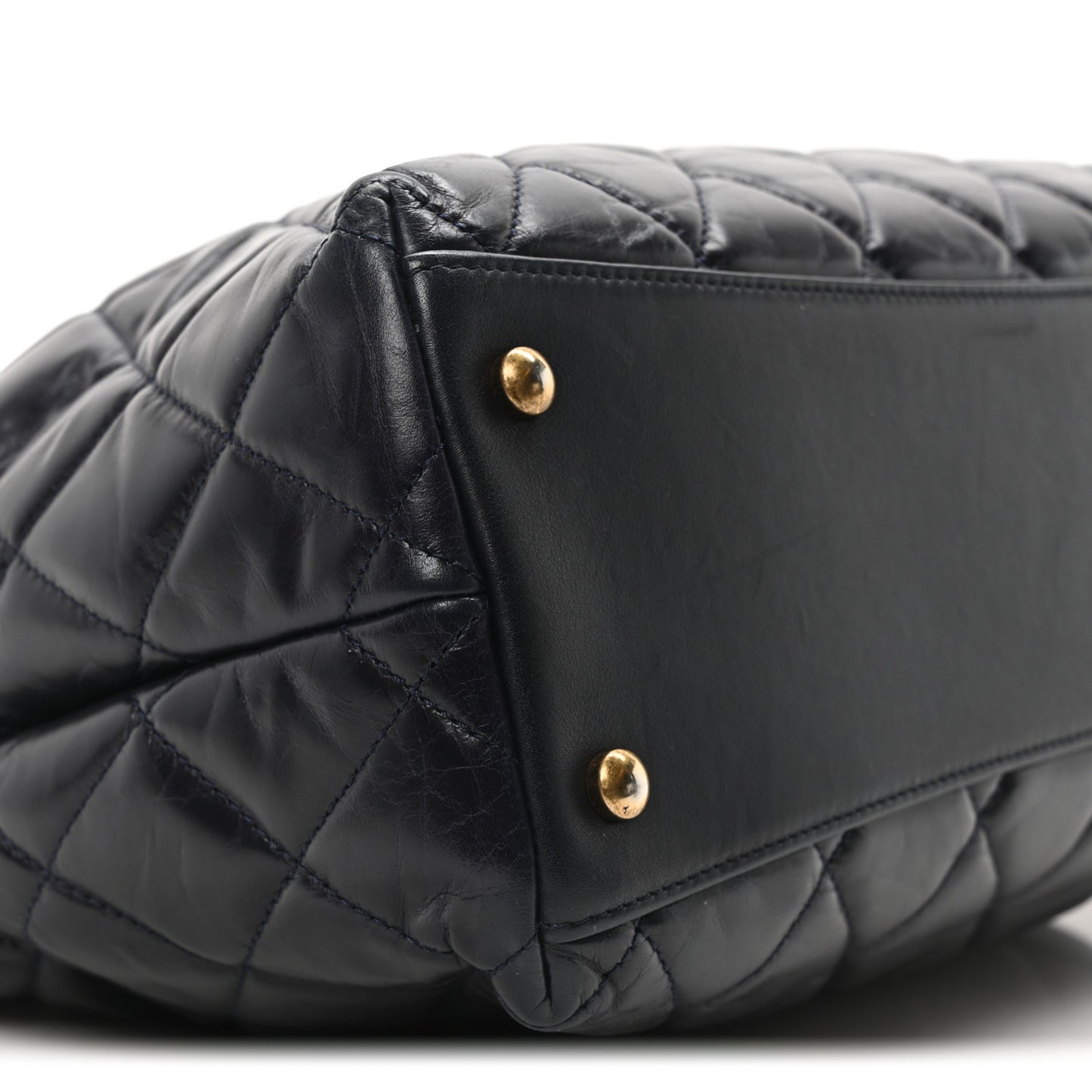 Calfskin Quilted Large Gold Bar Top Handle Tote Dark Navy Blue
