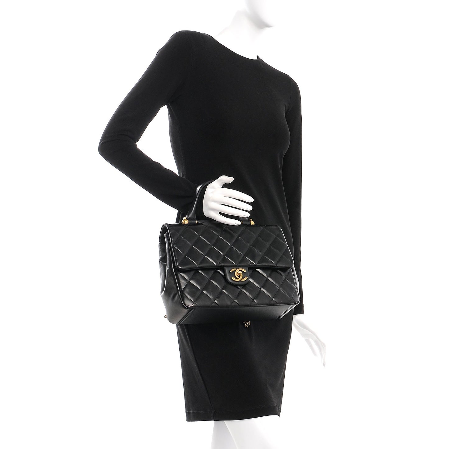 Calfskin Quilted Large Gold Bar Top Handle Flap Black