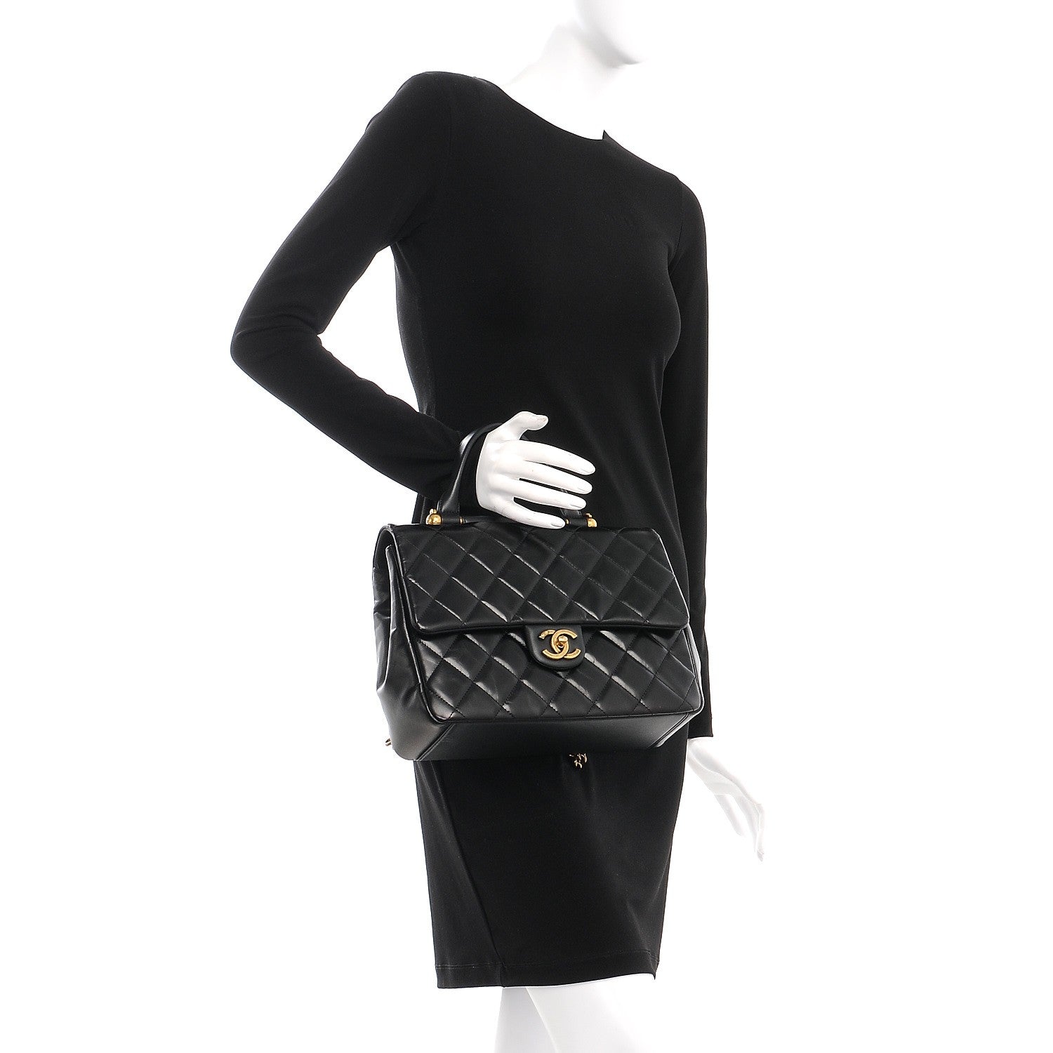 Chanel Calfskin Quilted Large Gold Bar Top Handle Flap Black 3 of 10