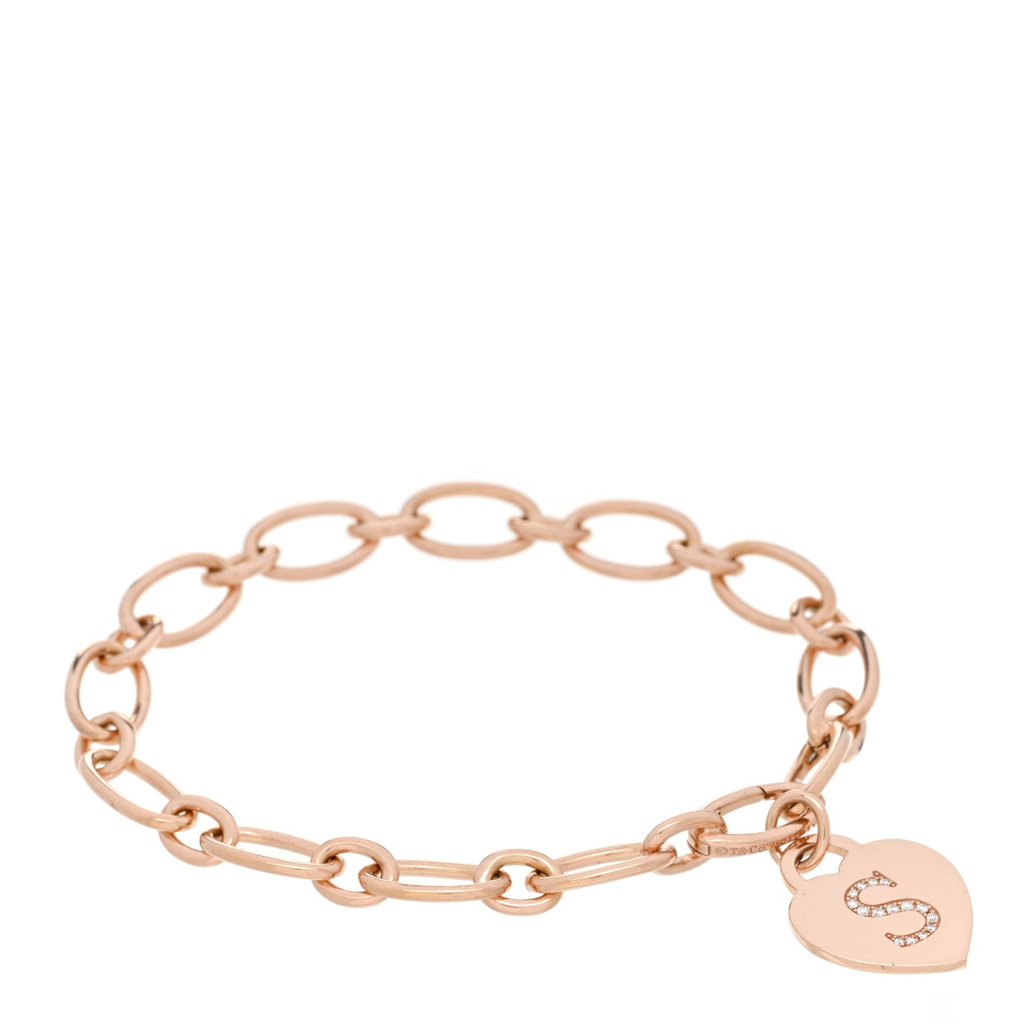 Tiffany 18K Rose Gold Diamond Tiffany Letter S Heart Tag Charm Clasping Oval Link Bracelet 1 of 4
