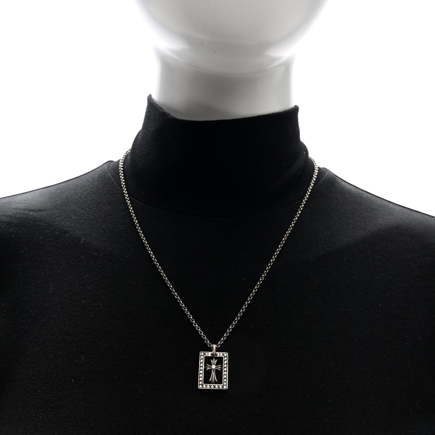Sterling Silver Diamond Open Baby Fat Framed Cross Pendant Roll Chain Necklace