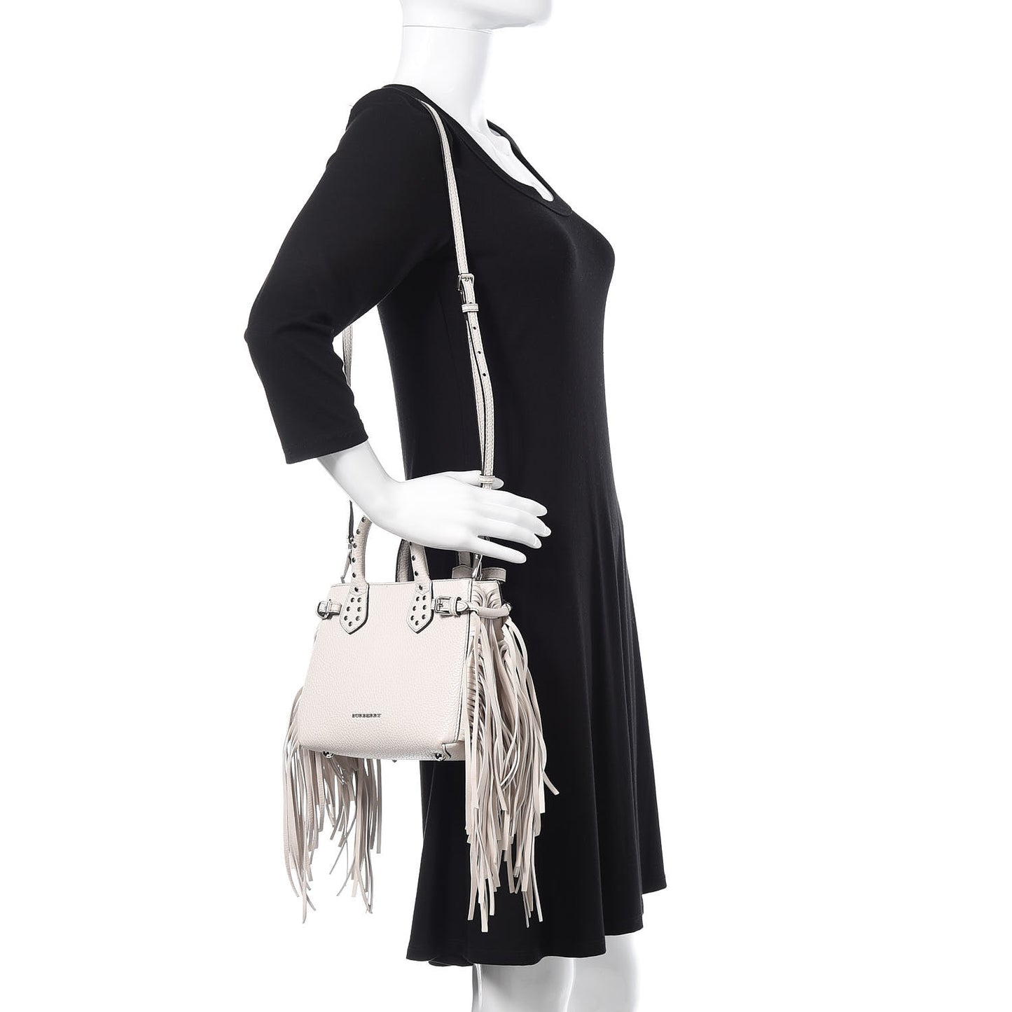 Grainy Calfskin Studded Fringe Baby Banner Tote White