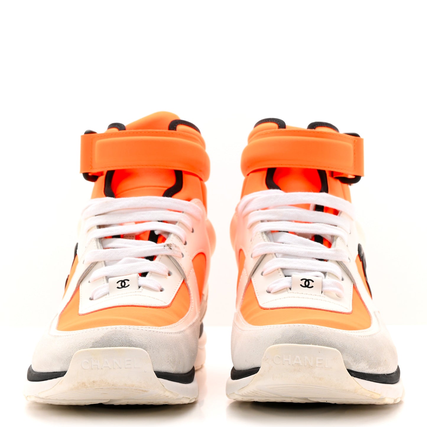 Suede Calfskin Lambskin Neoprene High Top CC Sneakers 39.5 White Fluo Orange