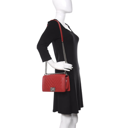 Chanel Caviar Chevron Quilted Medium Boy Flap Red 2 of 12