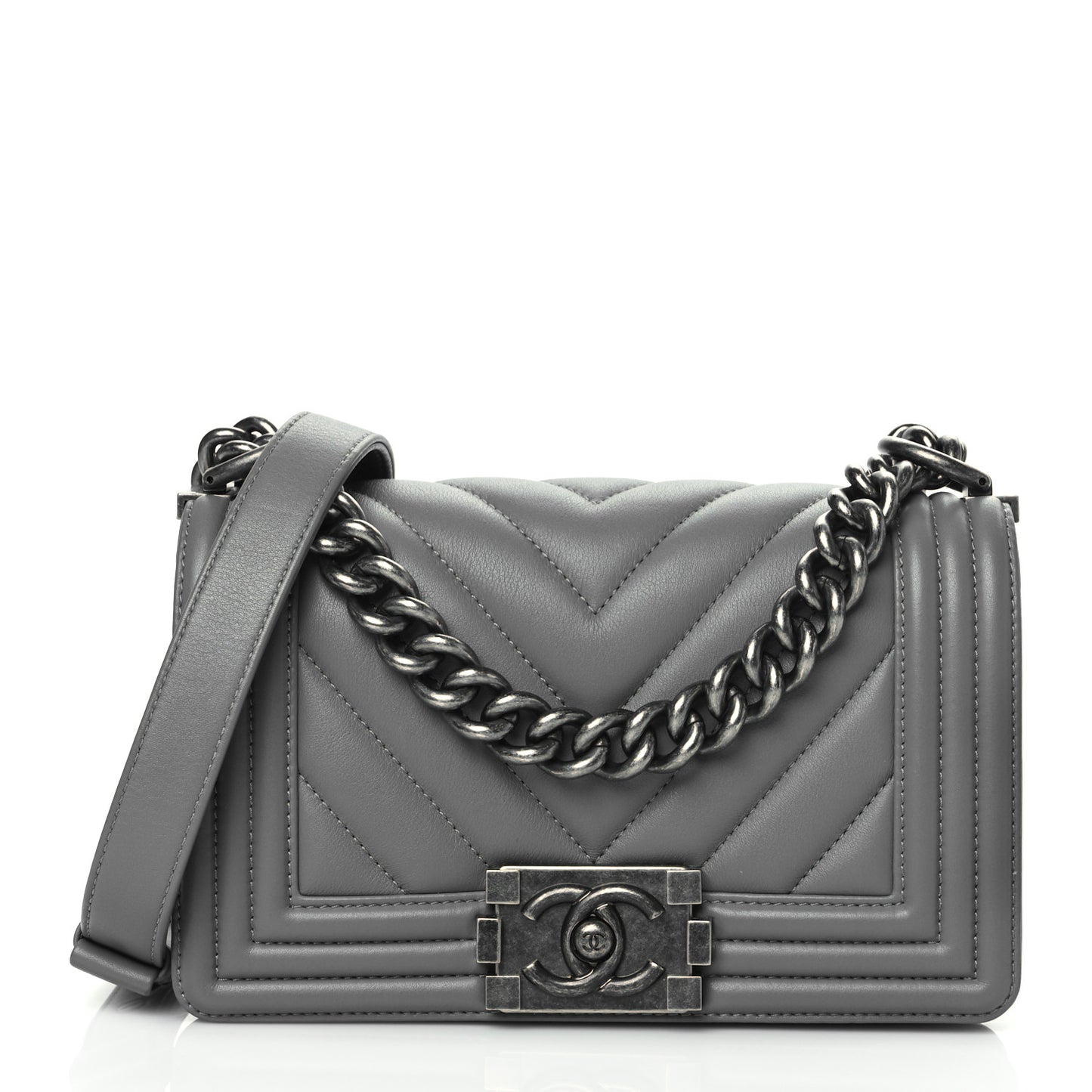 Calfskin Chevron Quilted Small Boy Flap Grey