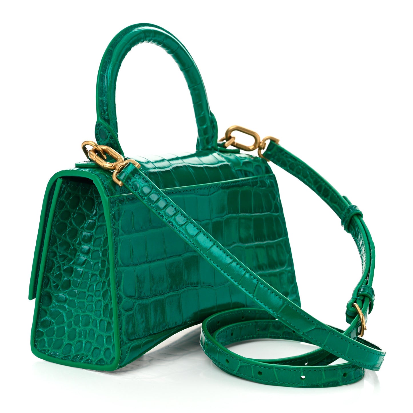 Shiny Calfskin Crocodile Embossed Hourglass Top Handle Bag XS Jade