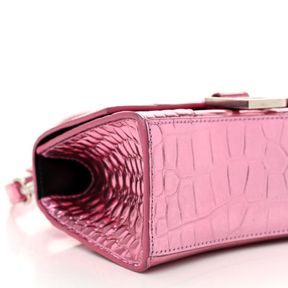 Balenciaga Metallic Shiny Calfskin Crocodile Embossed Hourglass Top Handle Bag XS Pink 9 of 10