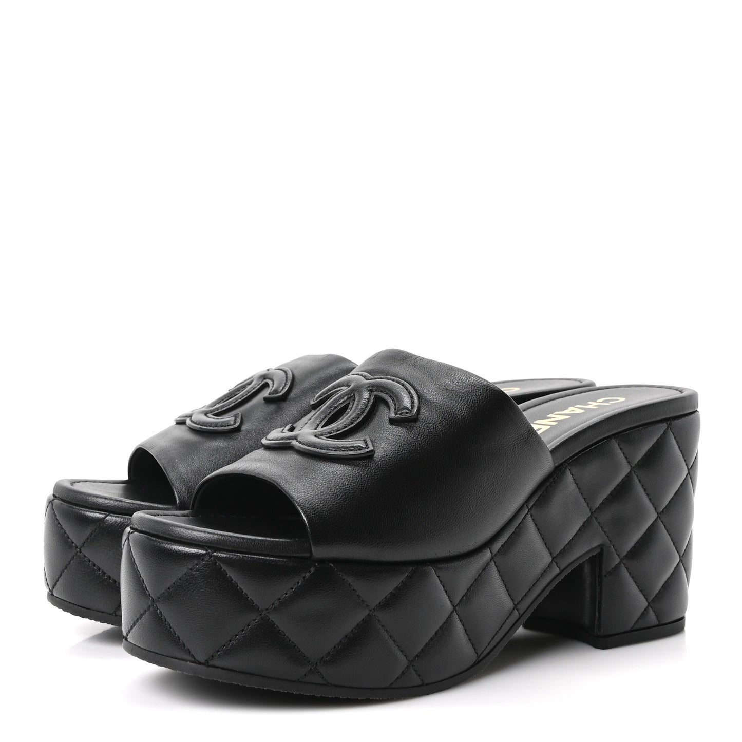 Lambskin Quilted CC Platform Mules 38.5 Black