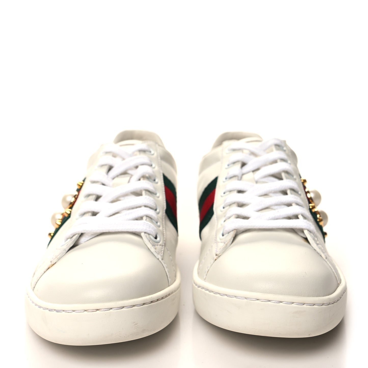 Calfskin Web Pearl Studded Womens Ace Sneakers 35.5 White