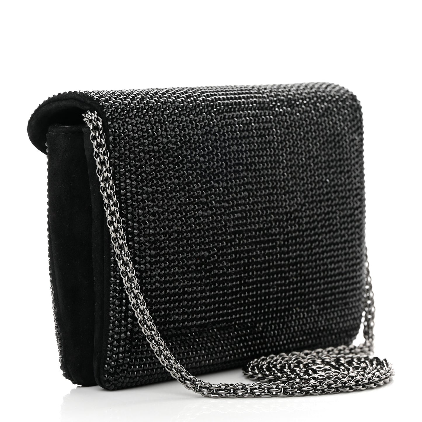 Crystal Suede Embellished Small One Stud Clutch With Chain Black