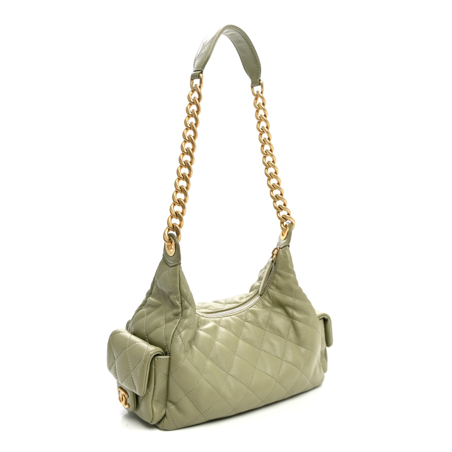 Shiny Lambskin Quilted Trendy Pockets Hobo Green