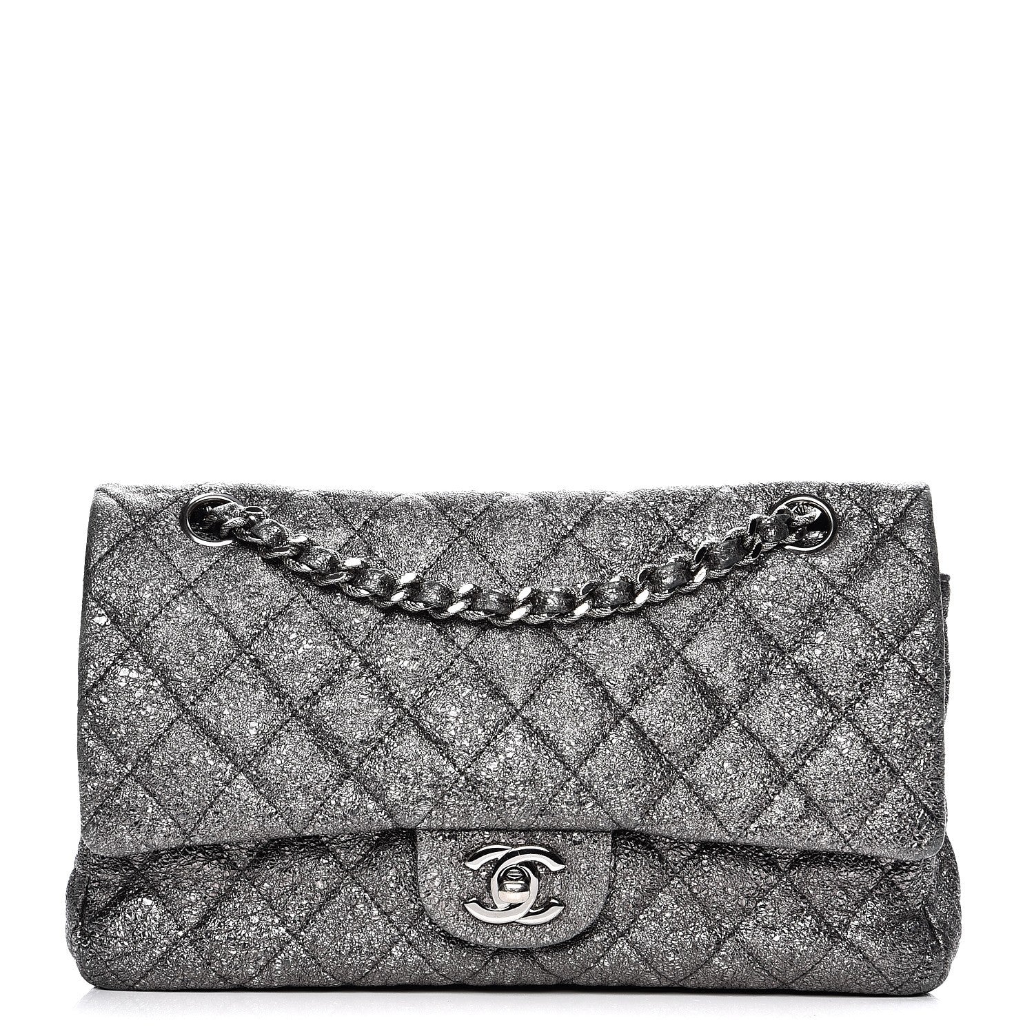 Chanel Metallic Crackled Calfskin Medium Double Flap Argent Fonce 1 of 11