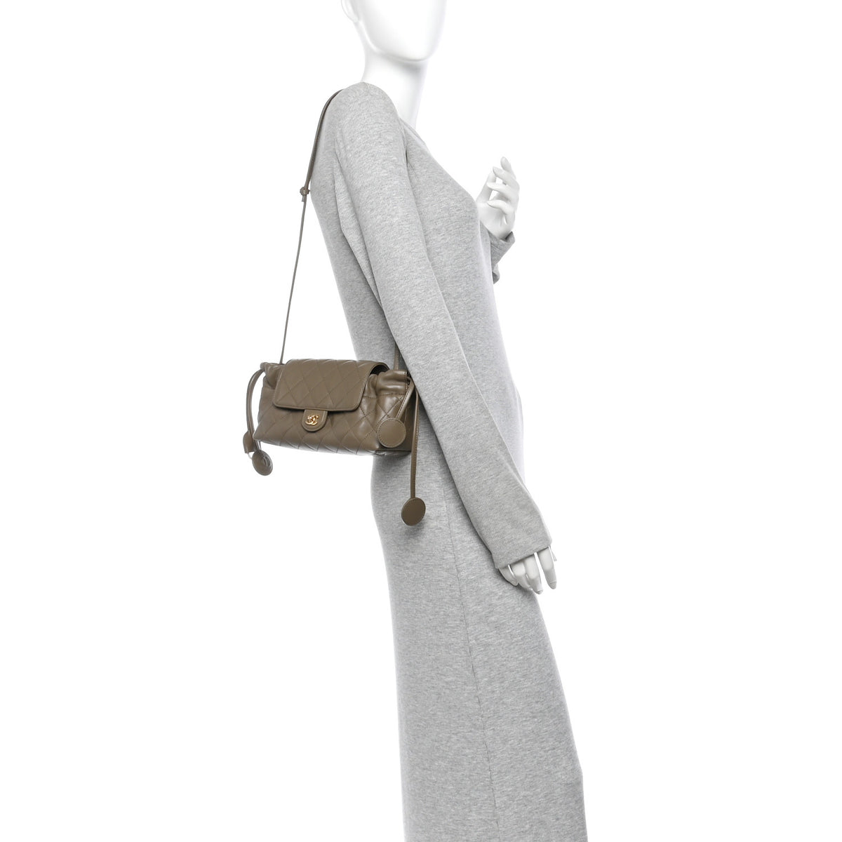 Lambskin Quilted CC Drawstring Flap Clutch With Strap Dark Khaki