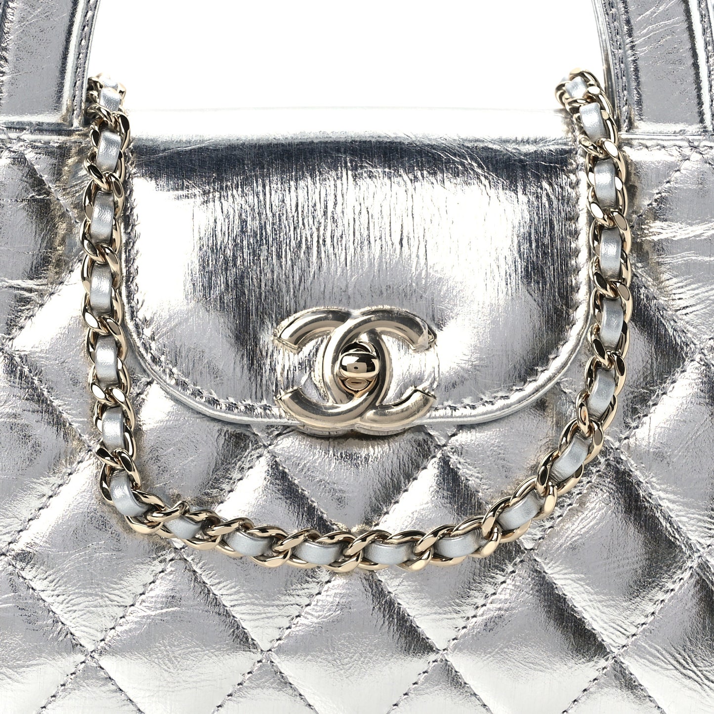 Metallic Aged Calfskin Quilted Nano Kelly Shopper Silvery