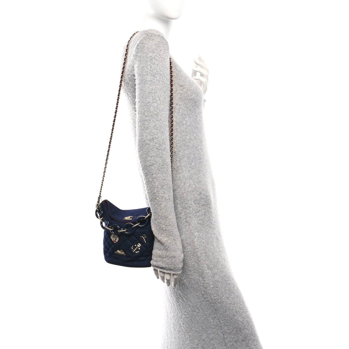 Felt Quilted Paris Hamburg Charms Drawstring Bucket Bag Dark Navy