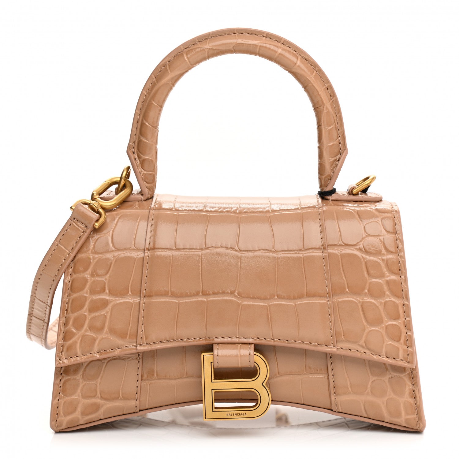 Balenciaga Shiny Calfskin Crocodile Embossed Hourglass Top Handle Bag XS Nude Beige 1 of 13