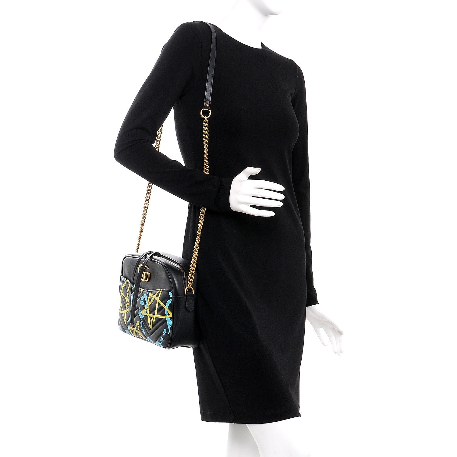 Gucci Calfskin Matelasse GucciGhost Medium GG Marmont Chain Shoulder Bag Black New Acquamarine 2 of 8