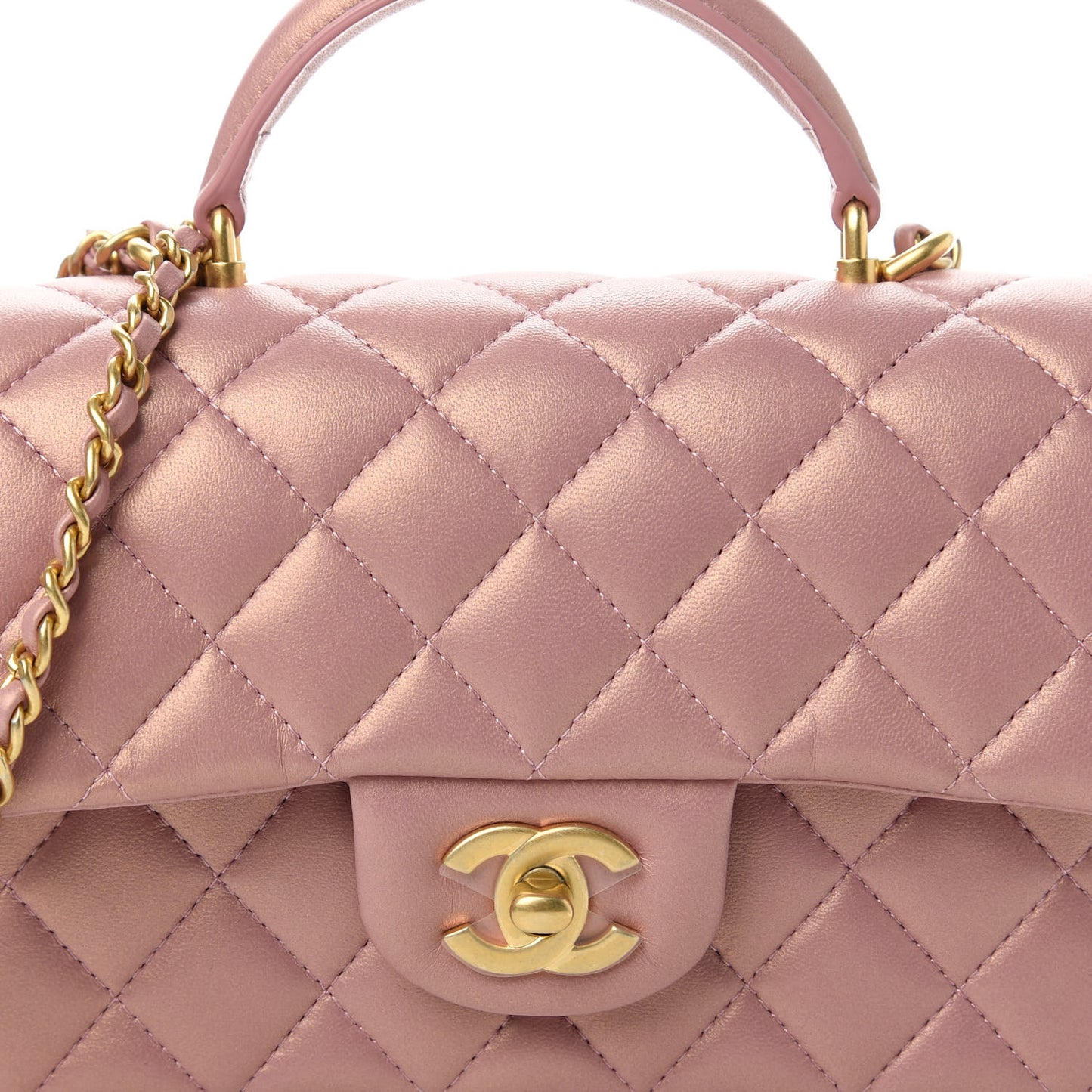 Iridescent Lambskin Quilted Mini Top Handle Rectangular Flap Pink
