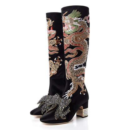 Gucci Silk Satin Malaga Kid Embroidered Candy Dragon Block-Heel Knee Boot 35 Black 3 of 11