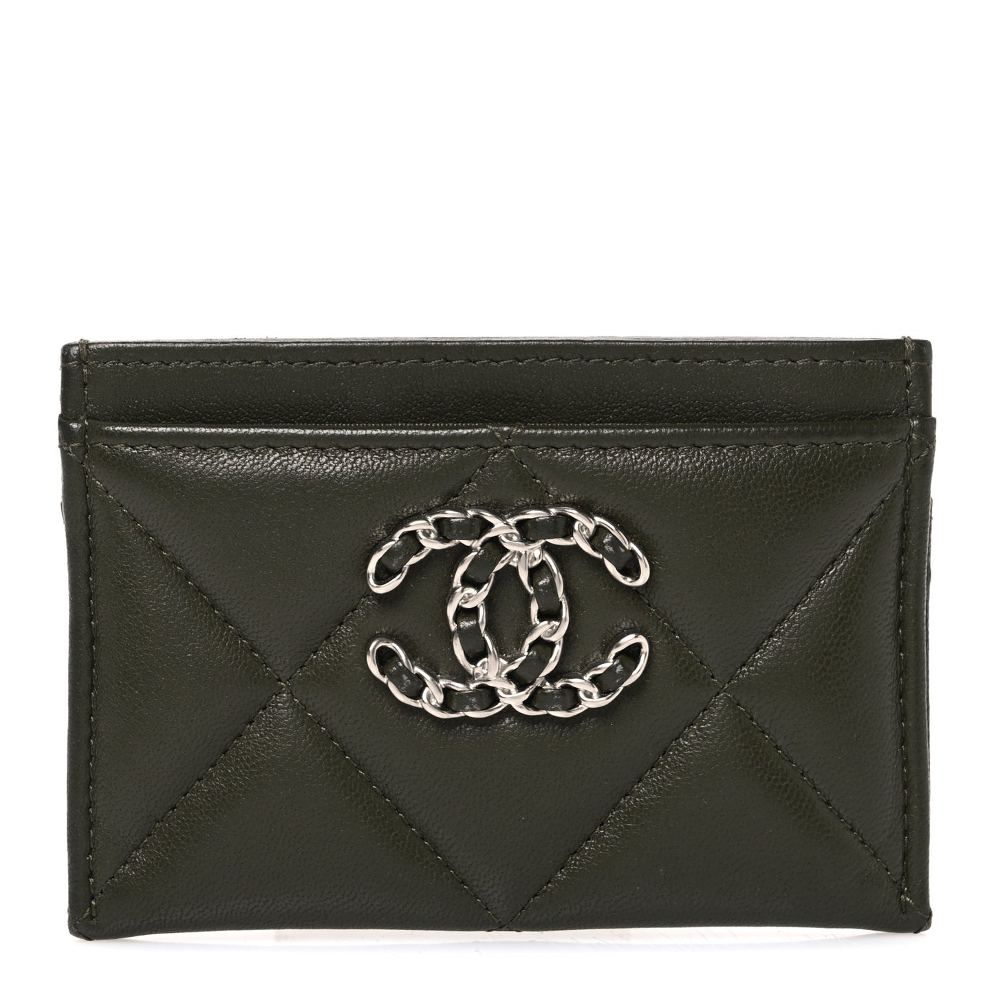Lambskin Quilted Chanel 19 Card Holder Khaki