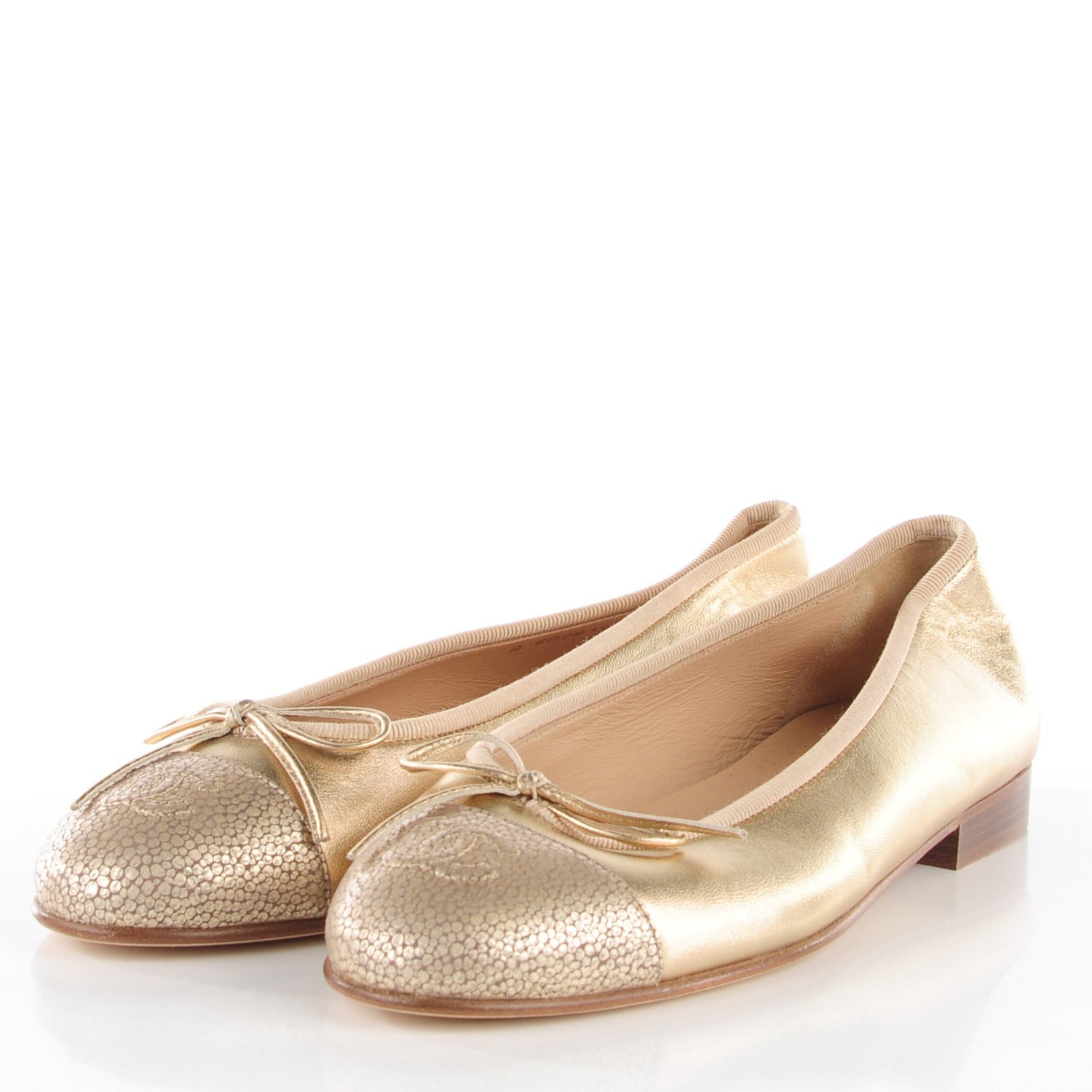 Chanel Lambskin Metallic Caviar CC Cap Toe Ballerina Flats 37 Light Gold 2 of 12