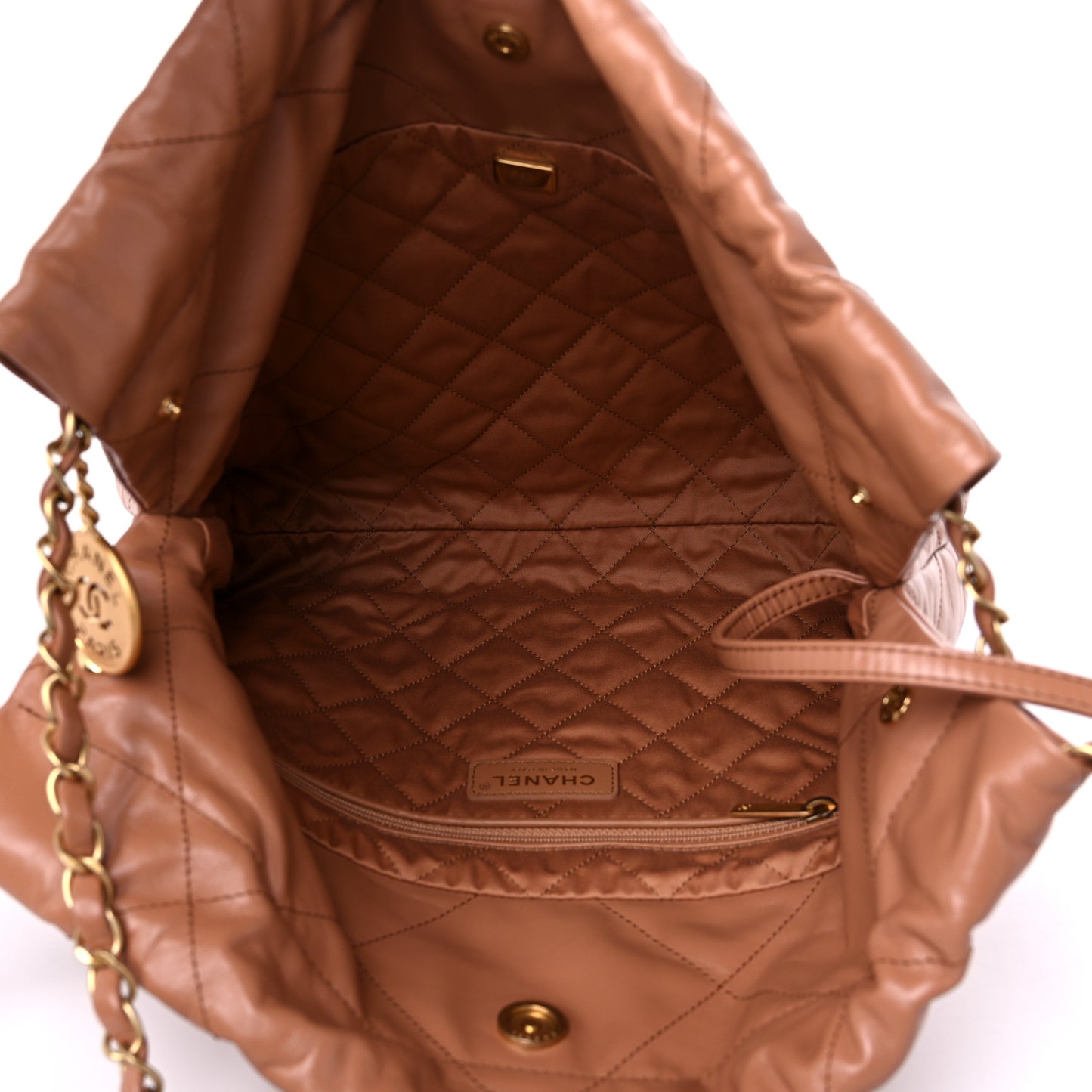 Shiny Calfskin Quilted Small Chanel 22 Camel