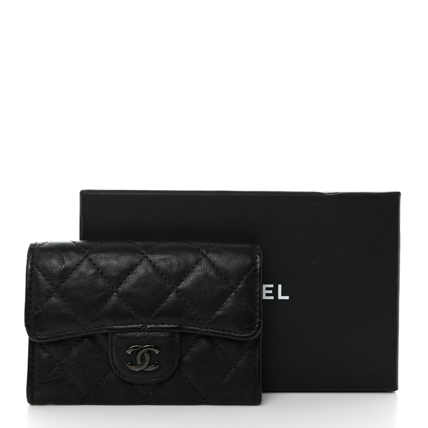 Crumpled Calfskin Quilted Flap Card Holder Wallet So Black