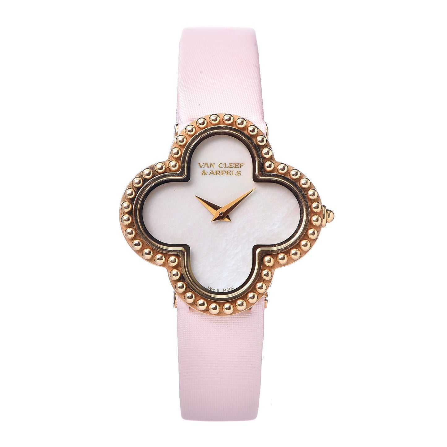 18K Yellow Gold Satin Mother of Pearl 26mm Alhambra Quartz Watch Pink