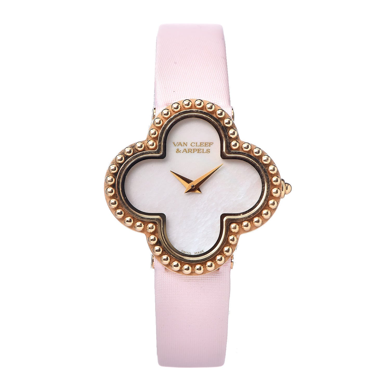 Van Cleef & Arpels 18K Yellow Gold Satin Mother of Pearl 26mm Alhambra Quartz Watch Pink 1 of 9