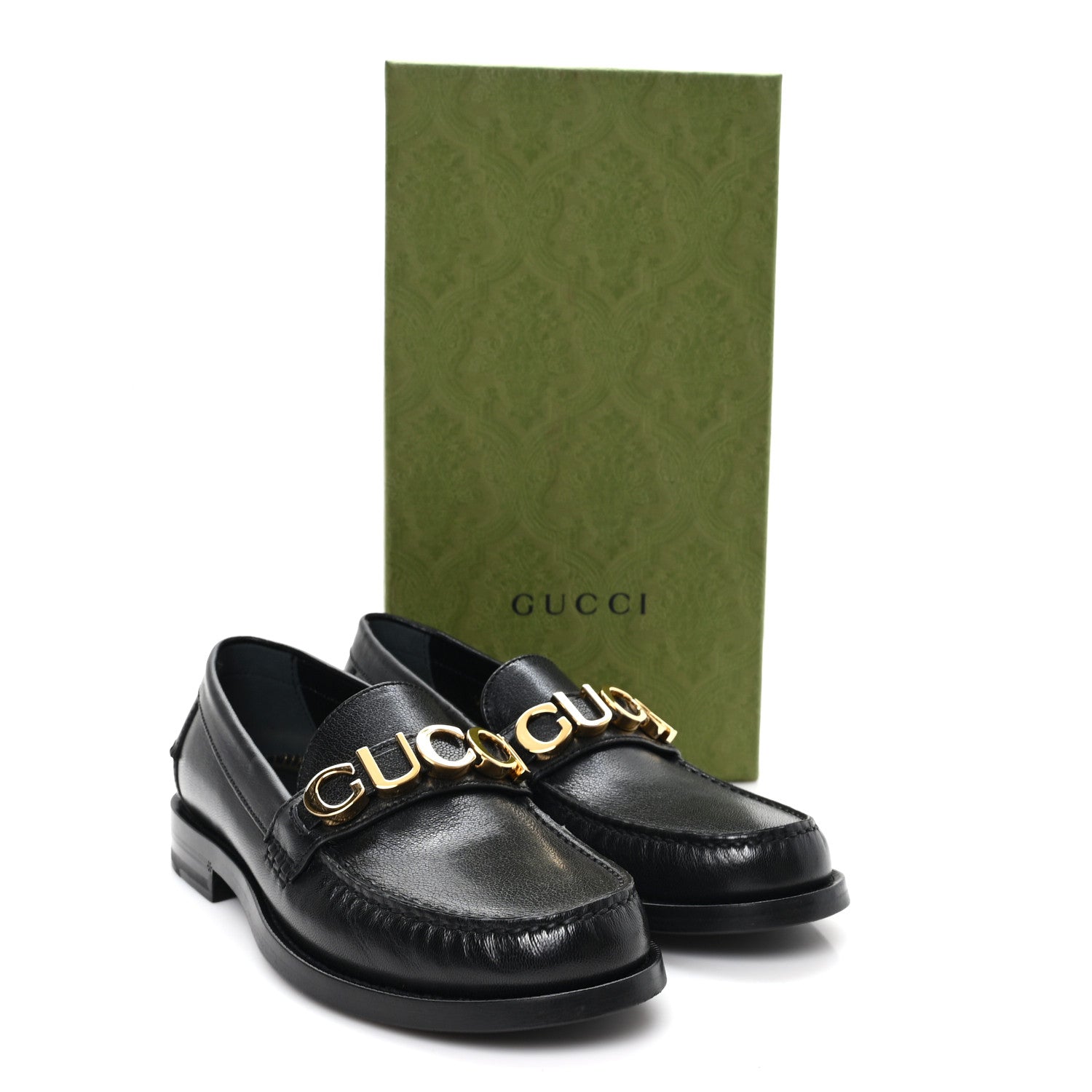 Gucci Goatskin Womens Logo 15mm Loafers 38.5 Black 1861061