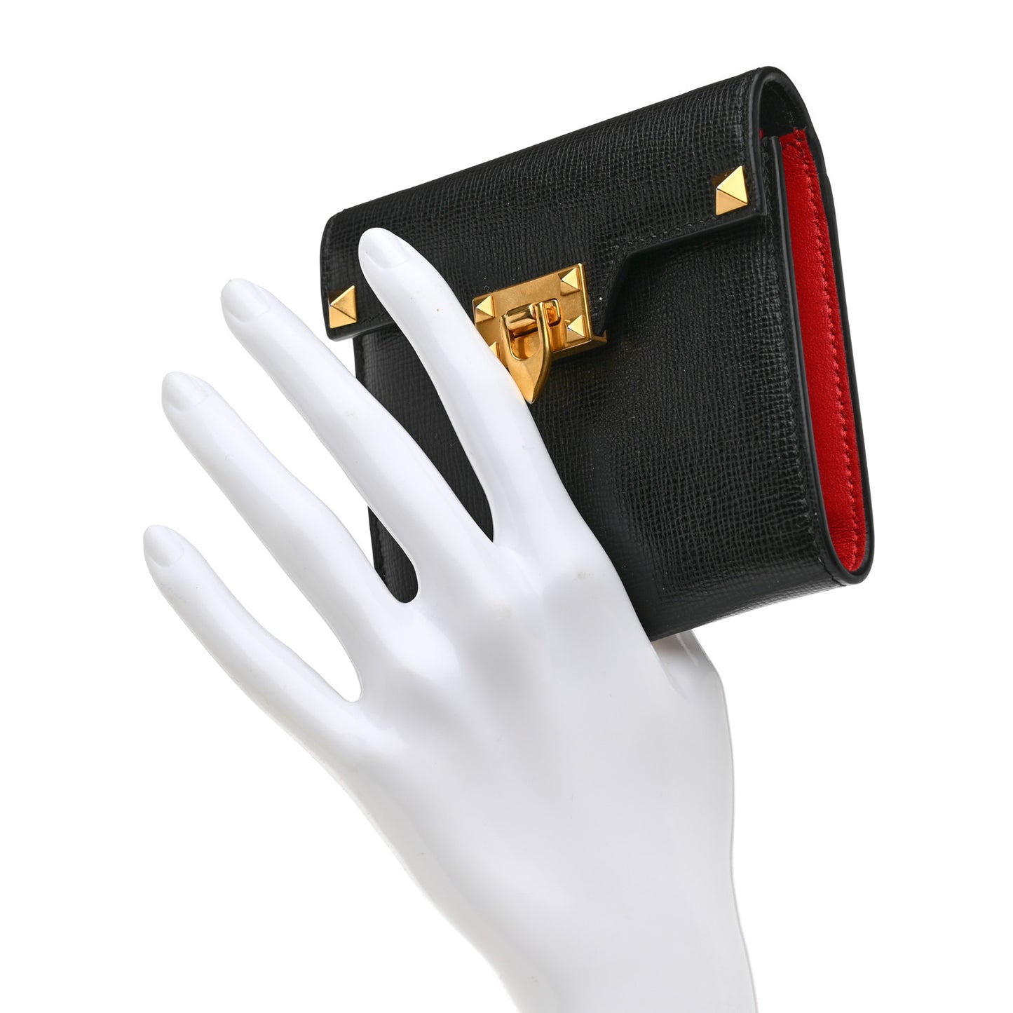 Textured Calfskin Rockstud Flip Lock Alcove Wallet Black
