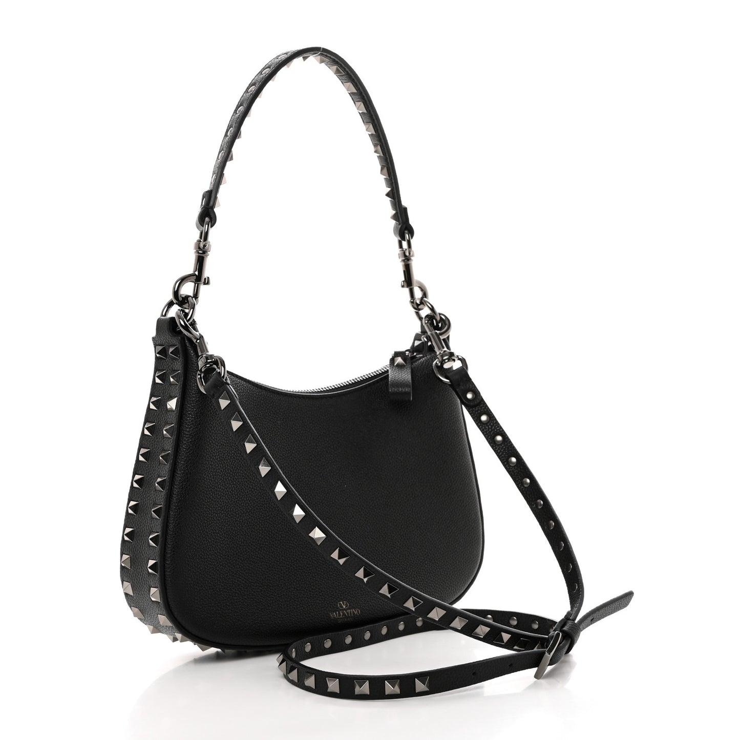 Grained Calfskin Rockstud Hobo Bag Black