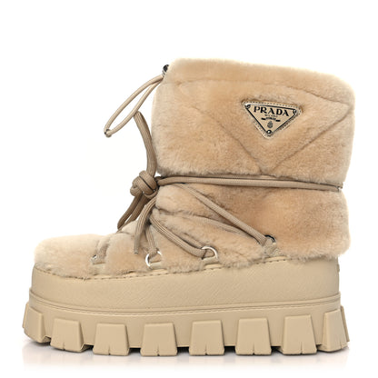 Prada Shearling Logo Apres Ski Ankle Boots 35 36 Beige 1 of 7
