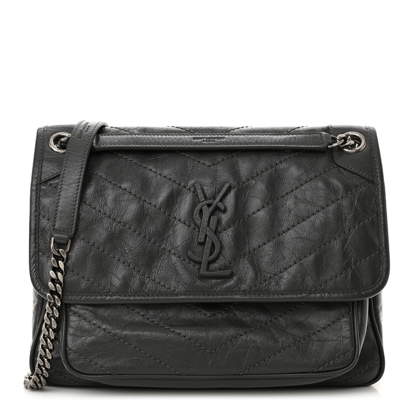 Crinkled Calfskin Matelasse Monogram Medium Niki Chain Satchel Storm