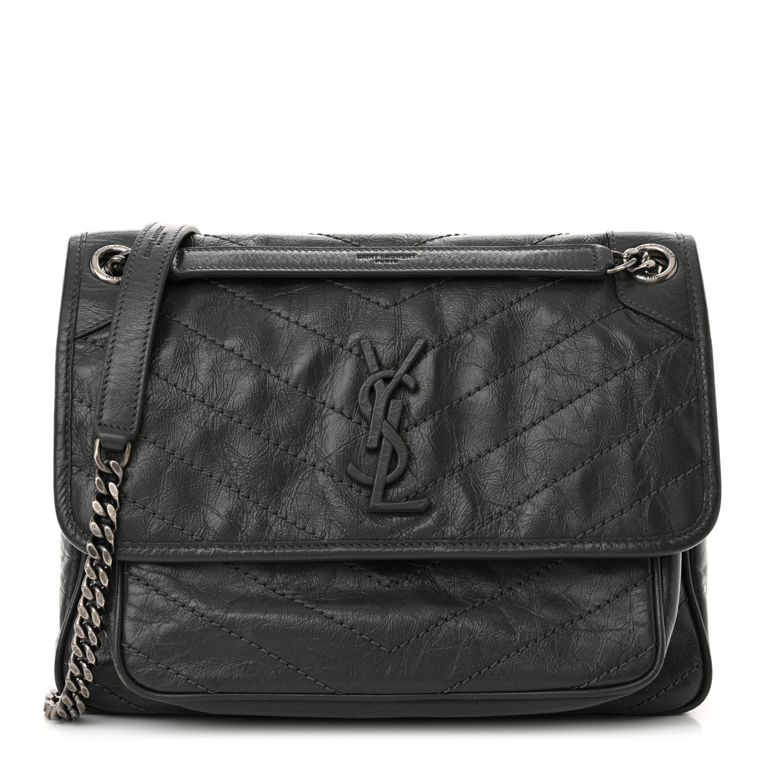 Saint Laurent Crinkled Calfskin Matelasse Monogram Medium Niki Chain Satchel Storm 1 of 10