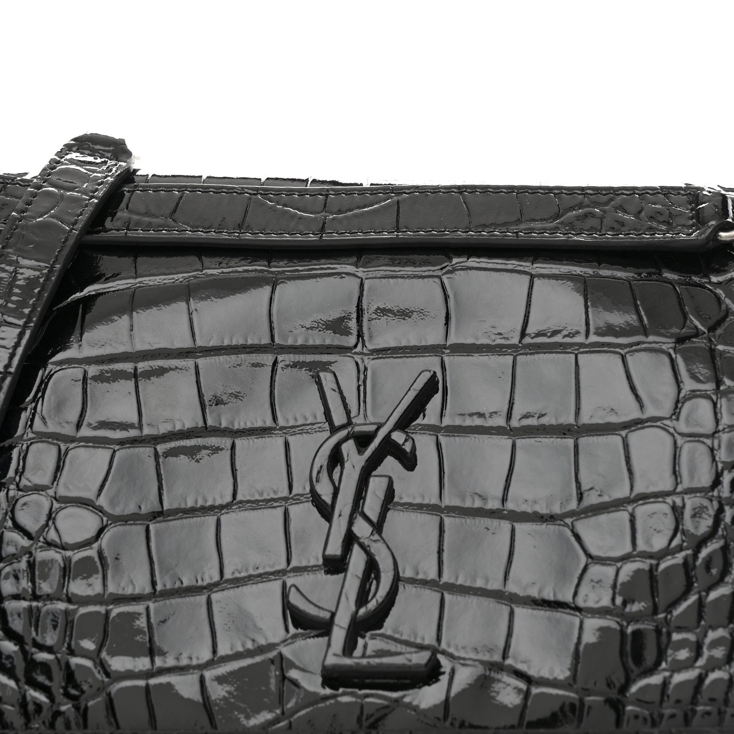 Patent Crocodile Embossed Lambskin Monogram Medium Niki Chain Satchel Black