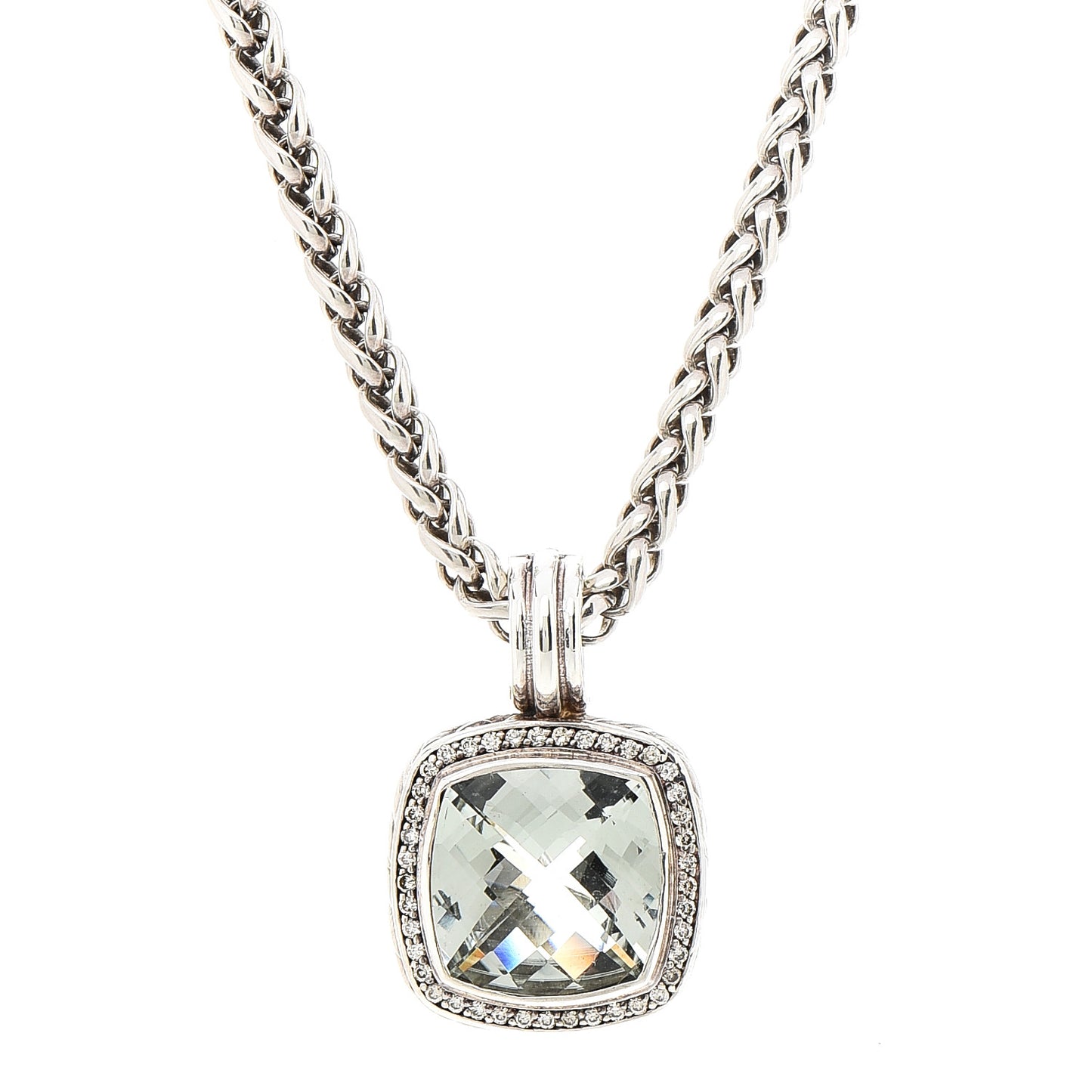 Sterling Silver Diamond Prasiolite 14mm Albion Pendant Necklace