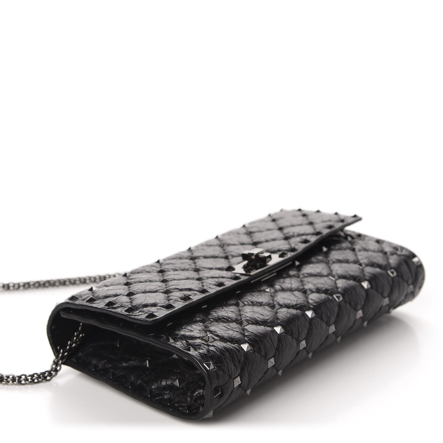 Craquele Nappa Rockstud Spike Wallet on Chain Black