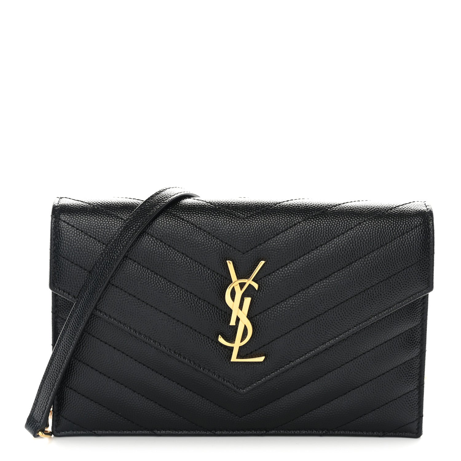 Saint Laurent Grain De Poudre Matelasse Chevron Monogram Envelope Chain Wallet Black 1 of 10