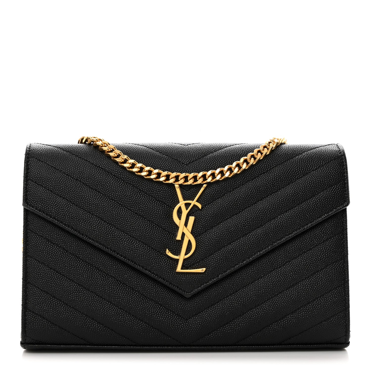 Saint Laurent Grain De Poudre Matelasse Chevron Monogram Chain Wallet Black 1 of 9