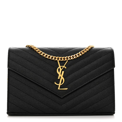 Saint Laurent Grain De Poudre Matelasse Chevron Monogram Chain Wallet Black 1 of 9