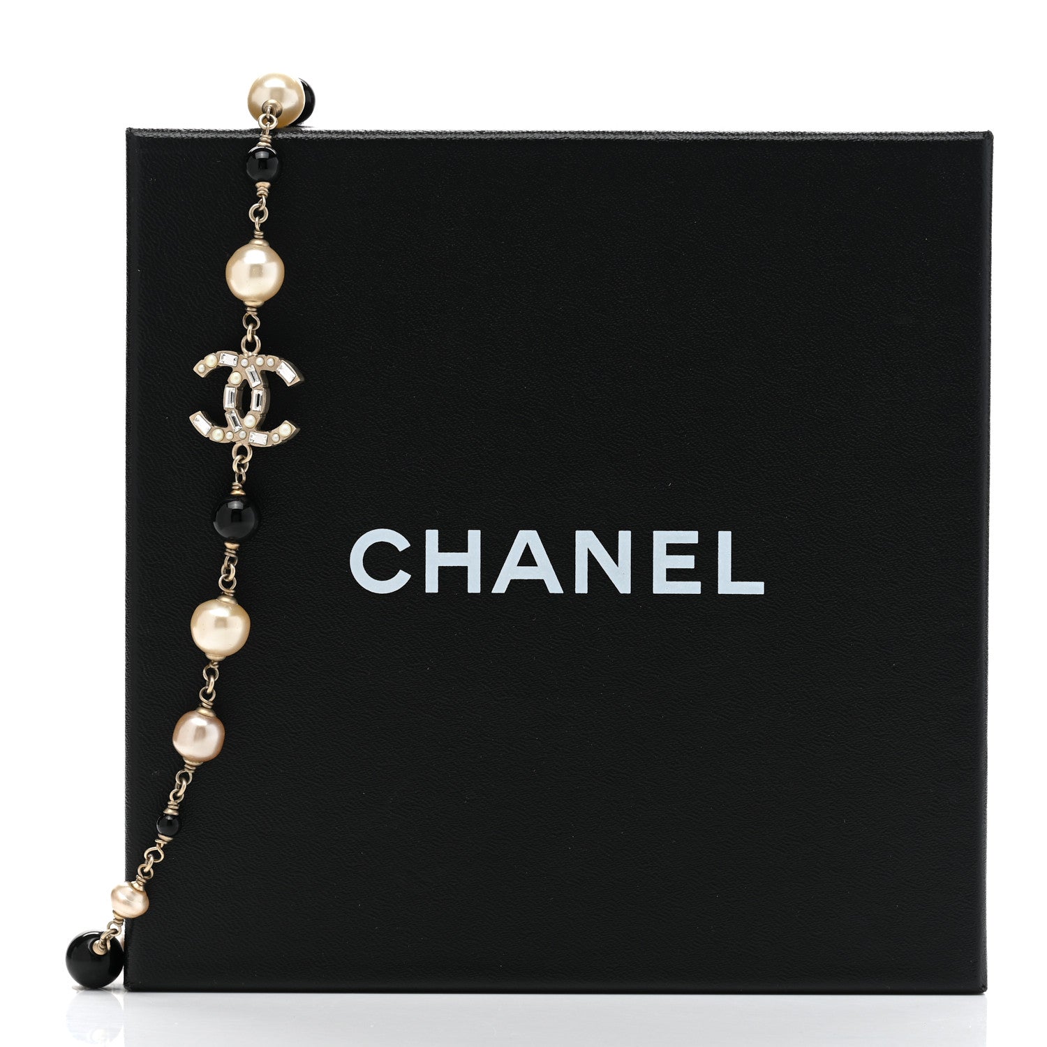 Chanel Pearl Crystal Baguette Beaded CC Long Necklace Black Gold 6 of 6