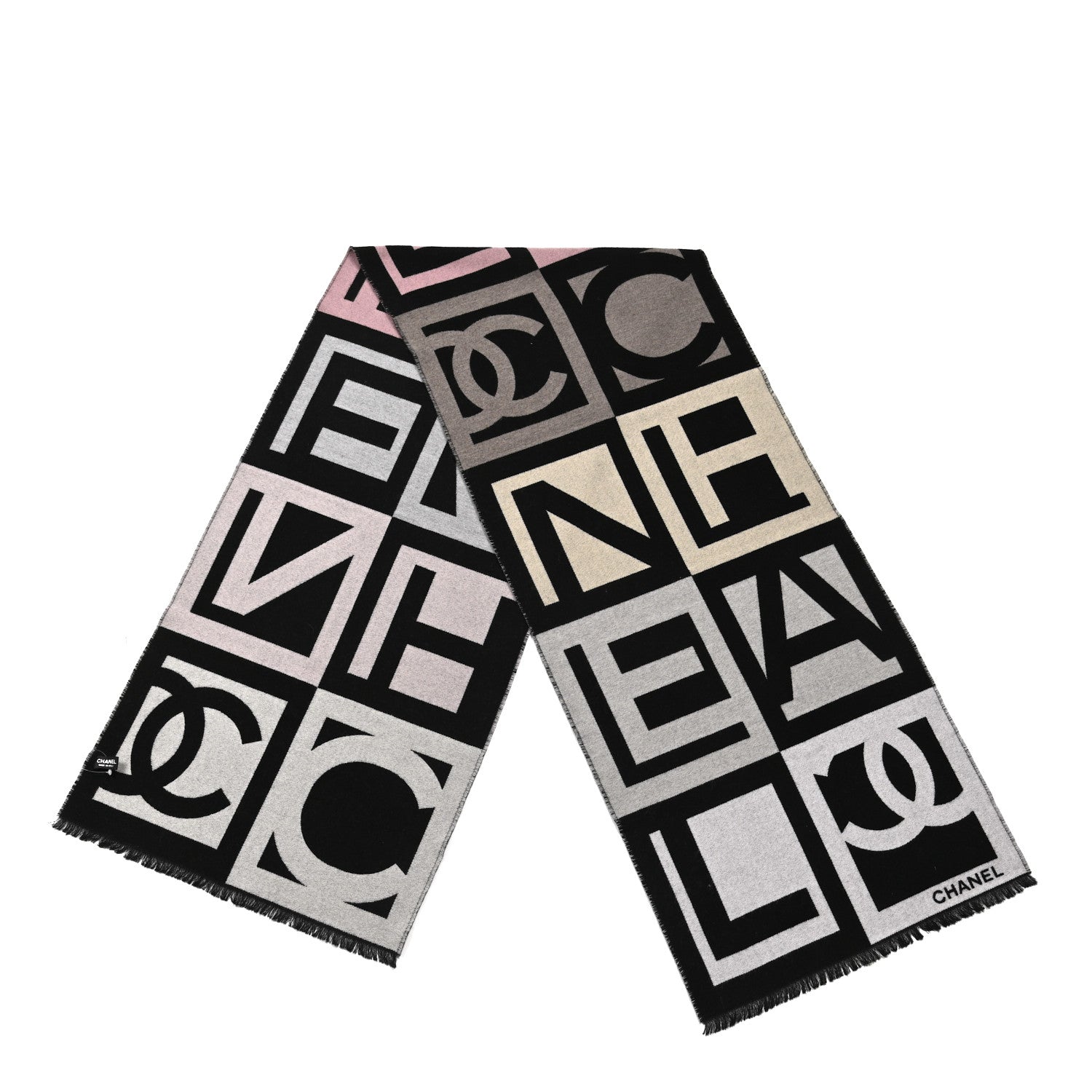 Chanel Cashmere Wool Silk CC Logo Stole Black Pink Beige 2 of 4