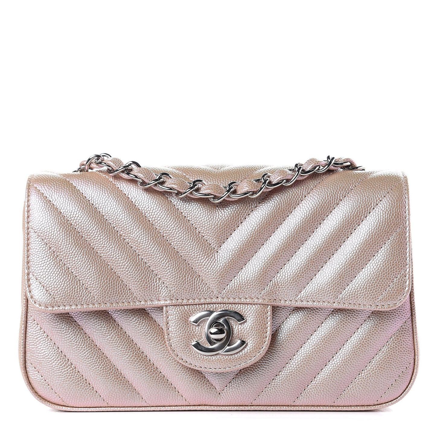 Iridescent Caviar Chevron Quilted Mini Rectangular Flap Light Gold